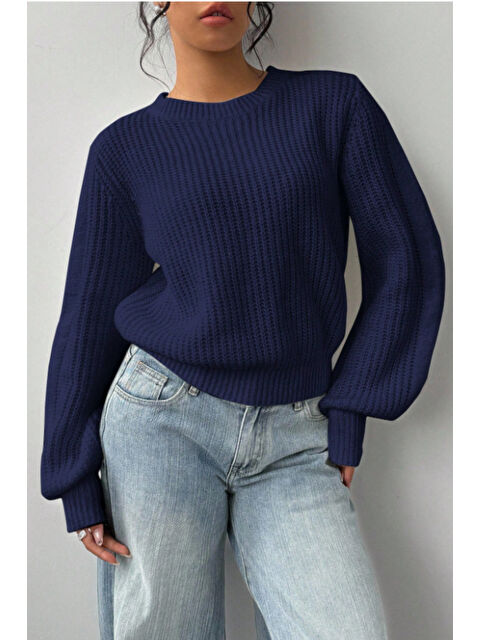 Tarz Cool Kadın Lacivert Oversize Bisiklet Yaka Balon Kol Fitilli Triko Kazak - S000508561-21164