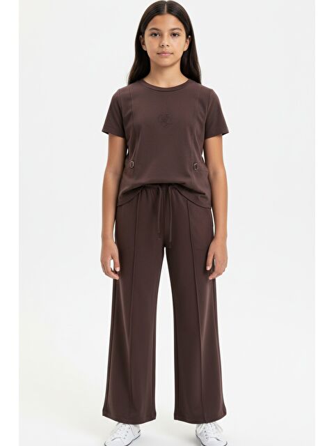 Toontoykids Kız Çocuk 2'li Eşofman Takımı Bisiklet Yaka Kısa kollu Cepli Tişört & Beli Lastikli Bol Paça