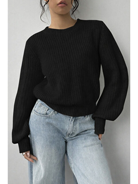 Tarz Cool Kadın Siyah Oversize Bisiklet Yaka Balon Kol Fitilli Triko Kazak - S000508561-19351