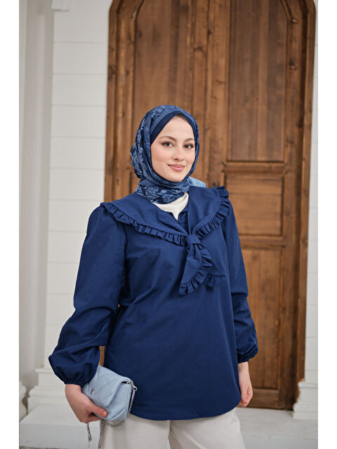 Locco Moda Kadın Yakası Fırfırlı Basic Gömlek Lacivert - S000511158-21164