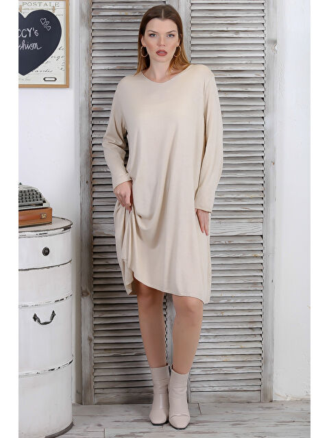 Chiccy İtalyan Bej V Yaka Uzun Kol Casual Triko Elbise - S000332714-19928