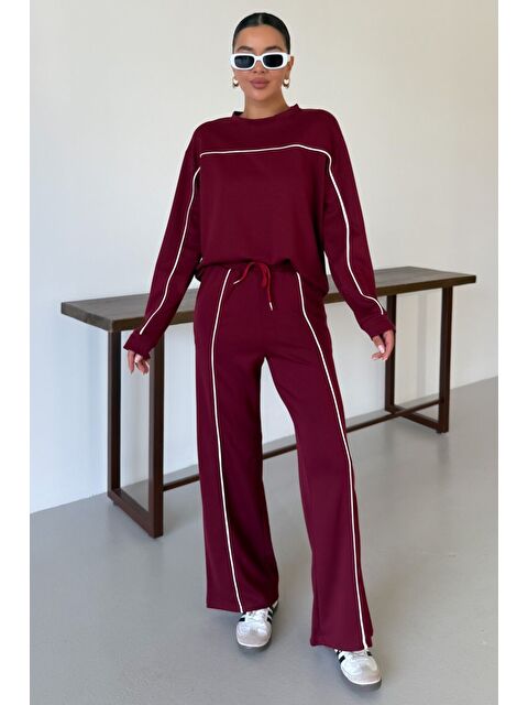 Trendseninle Kadın Bordo İnce Beyaz Biye Çizgi Detaylı Bisiklet Yaka Modal Kumaş Alt-Üst Takım - S000433288-19951