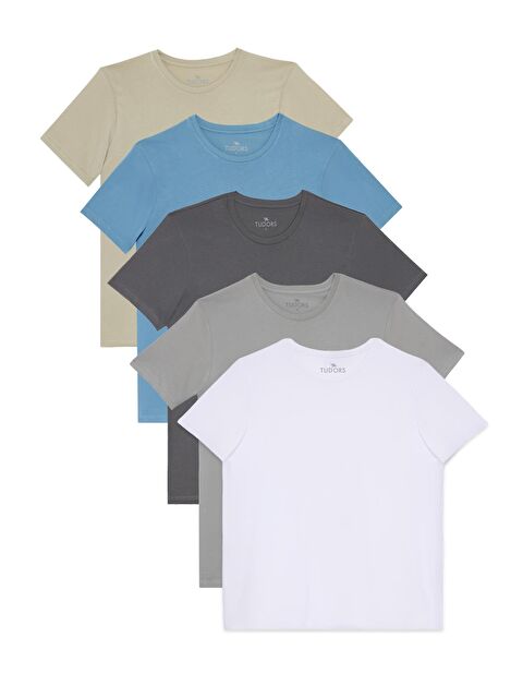 TUDORS Unisex 5'Li Paket Beyaz-Gri-Füme-Mavi-Taş Slim Fit Dar Kesim %100 Pamuk Bisiklet Yaka Tişört - S000494317-37424