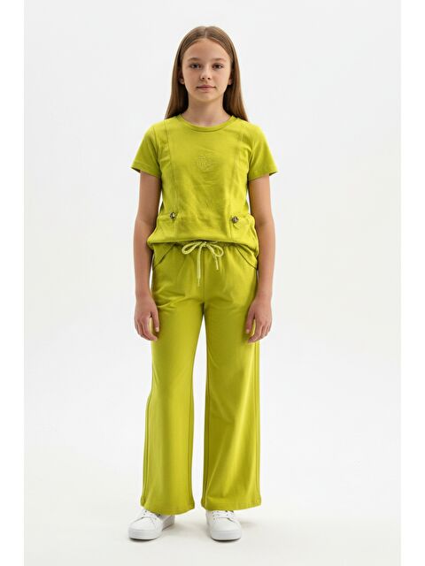 Toontoykids Kız Çocuk 2'li Eşofman Takımı Bisiklet Yaka Kısa kollu Cepli Tişört & Beli Lastikli Bol Paça