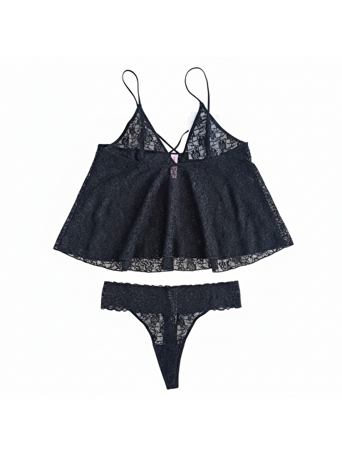 Bonbon Kadın Çapraz Askı Detaylı Siyah Renk  Dantel Baybdoll String 2 Li Set Bb2054