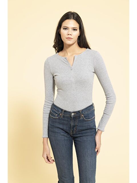 For You Moda Önü Fermuar Detaylı Cıtcıtlı Gri Zıbın Bluz - S000346687-20600