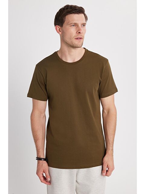 TUDORS Unisex Slim Fit Dar Kesim %100 Pamuk Yumuşak Dokulu Haki Bisiklet Yaka Tişört - S000494319-18547