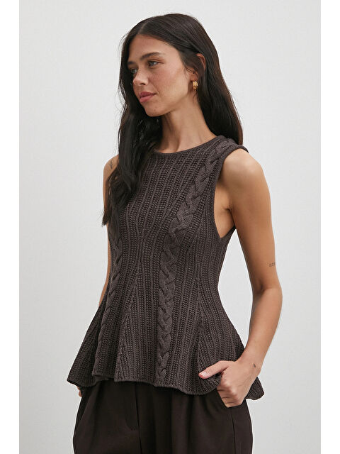 Never More Burgu Örgü Kolsuz Triko Kahve - S000467683-23173