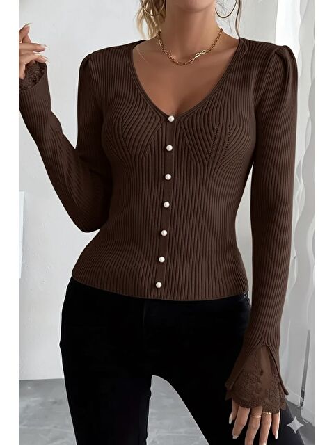 Gülseli Kol Güpür Detaylı V Yaka Triko Bluz - S000445952-19413