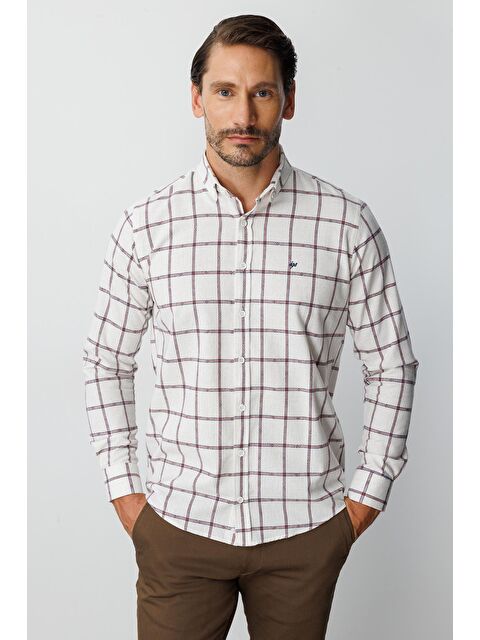 igs Ekru Dynamic Fit Düğmeli Yaka Ekose Uzun Kollu Pamuklu Gömlek - S000490111-19413