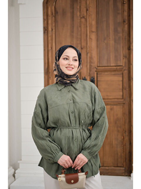 Locco Moda Kadın Bel Bağlamalı Tencele Gömlek Haki Yeşil - S000511159-18547