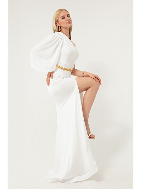 Lafaba Kadın Beyaz Tek Omuzlu Zincirli Uzun Abiye Elbise - S000496808-20063