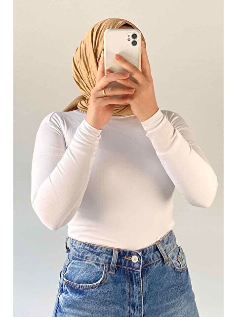 Lamelif Bisiklet Yaka Düz Renk Body Beyaz