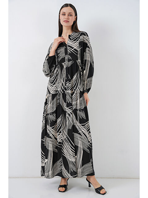 Bigdart Kadın Desenli Uzun Tesettür Elbise 2585 - M.Siyah - S000407394-15542