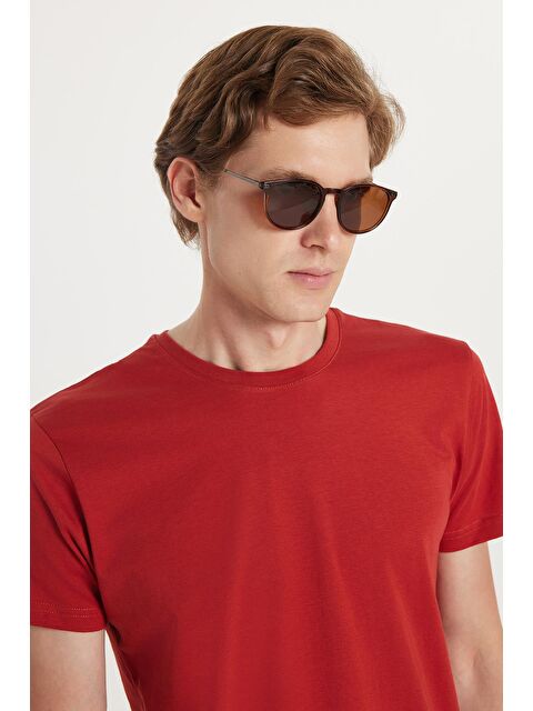 TUDORS Unisex Slim Fit Dar Kesim %100 Pamuk Yumuşak Dokulu Kiremit Bisiklet Yaka Tişört - S000494323-18657