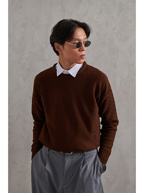 HYMAN Erkek Bisiklet Yaka Oversize Ters Örgü Desen Kazak - S000515374-19413