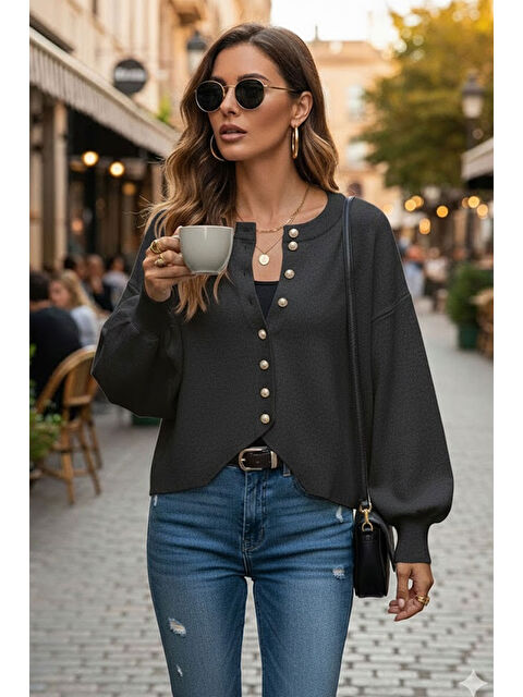 Tarz Cool Antrasit Yumuşak Dokulu Mücevher Düğmeli Ceket Görünümlü Triko Hırka - S000493708-29666