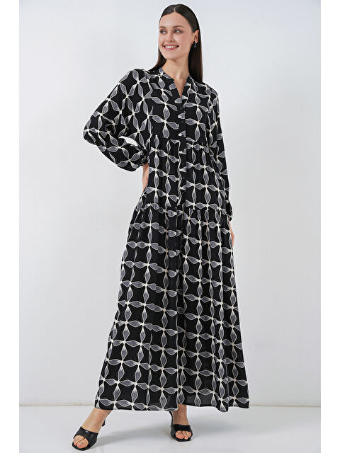 Bigdart Kadın Desenli Uzun Tesettür Elbise 2585 - Siyah1 - S000407394-4068