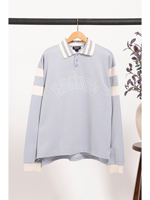 For You Man Oversize Rugby Polo Yaka Sweatshirt - Edition Baskılı | Mavi - S000422960-17234