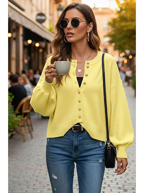 Tarz Cool Sarı Yumuşak Dokulu Mücevher Düğmeli Ceket Görünümlü Triko Hırka - S000493708-20072