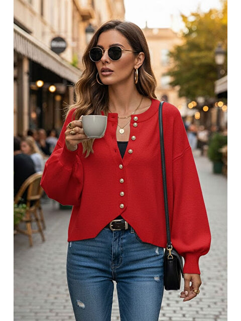 Tarz Cool Kırmızı Yumuşak Dokulu Mücevher Düğmeli Ceket Görünümlü Triko Hırka - S000493708-20045