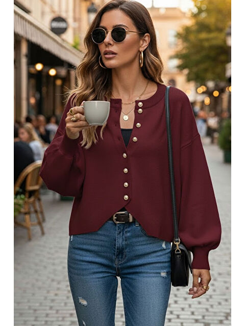 Tarz Cool Bordo Yumuşak Dokulu Mücevher Düğmeli Ceket Görünümlü Triko Hırka - S000493708-19951