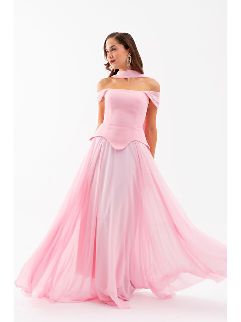 Lafaba Kadın Pudra Şal Yaka Straplez Söz Nişan Abiye Elbise - S000449509-7152