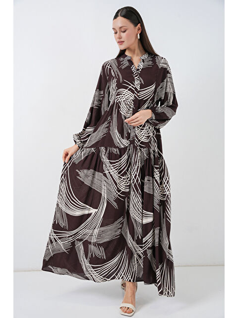 Bigdart Kadın Desenli Uzun Tesettür Elbise 2585 - B.Kahverengi - S000407394-37320