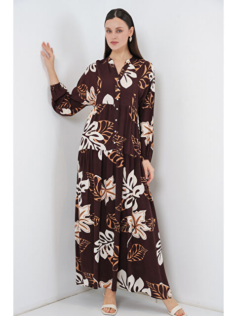 Bigdart Kadın Desenli Uzun Tesettür Elbise 2585 - T. Kahverengi - S000407394-37323