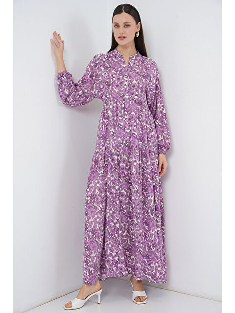 Bigdart Kadın Desenli Uzun Tesettür Elbise 2585 - Lila - S000407394-17878