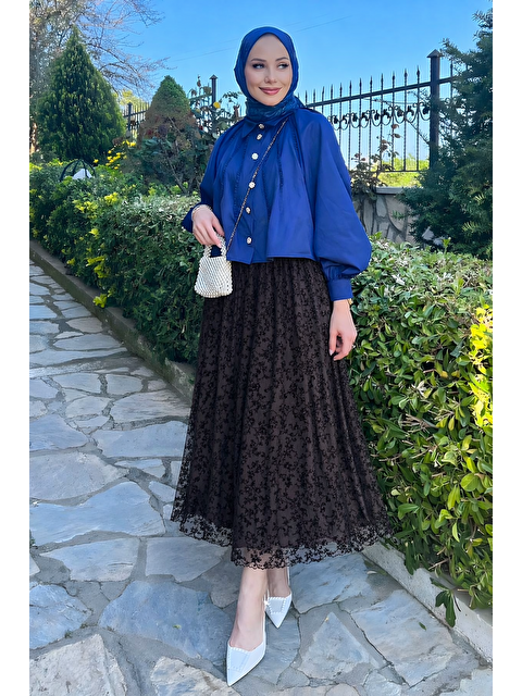 Comstar Kadın Premium Comfort Desenli Kahve Uzun Tül Tesettür Etek