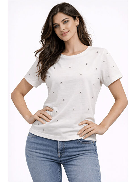 Fashion Friends % 100 Pamuk Taş Detaylı Bisiklet Yaka Kadın Bluz 26Y0104K1