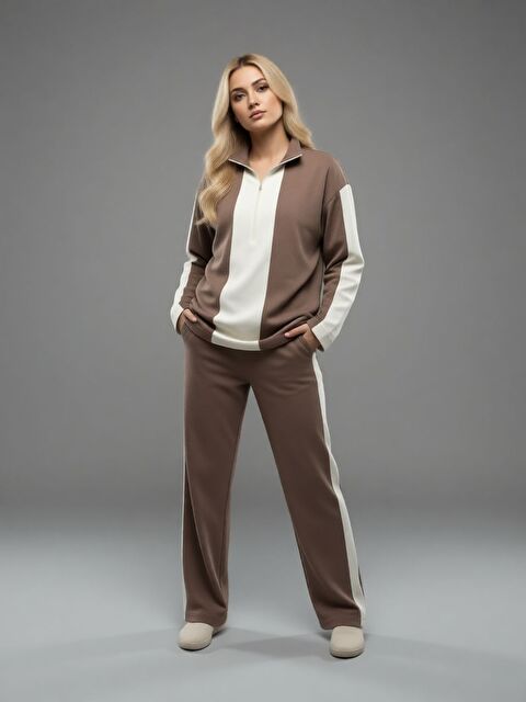 Trendseninle Kadın Vizon Yarım Fermuarlı Premium Kumaş Eşofman Takımı - S000497990-26429