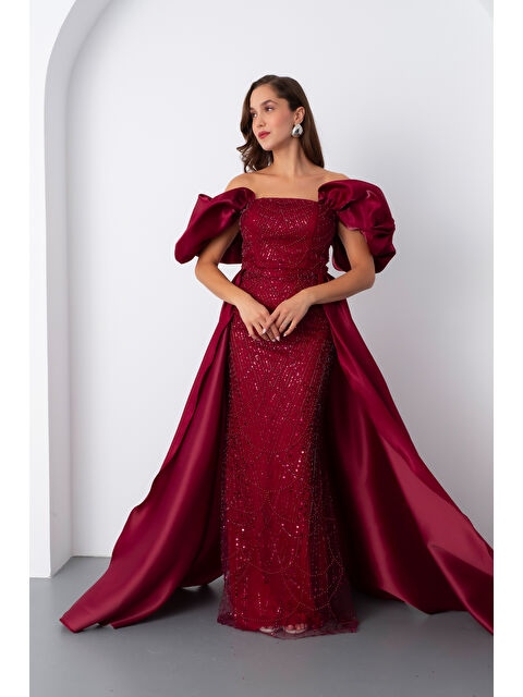 Lafaba Kadın Bordo Kayık Yaka Saten Kuyruklu Uzun Boncuklu Abiye - S000449506-19951