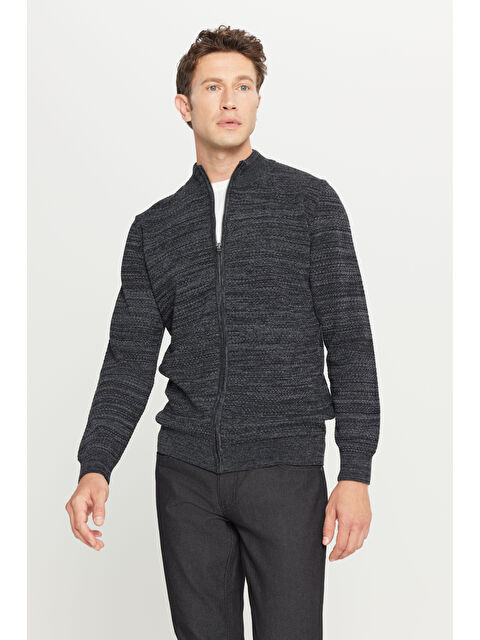 Altınyıldız Classics Erkek Antrasit-Melanj Pamuklu Standart Fit Normal Kesim Dik Yaka Jakarlı Triko Hırka - S000465314-29666