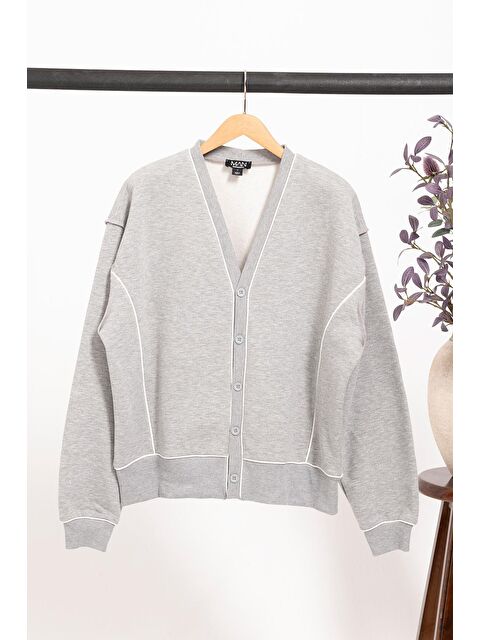 For You Man V Yaka Biyeli Ve Düğmeli Erkek Hırka | Gri - S000422966-20600