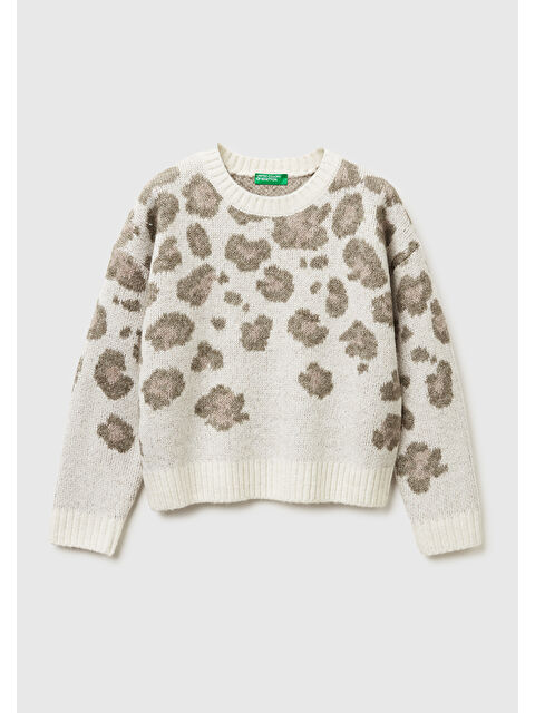 United Colors Of Benetton Kız Çocuk Ekru Leopar Desenli Bisiklet Yaka Kazak - S000488049-19965