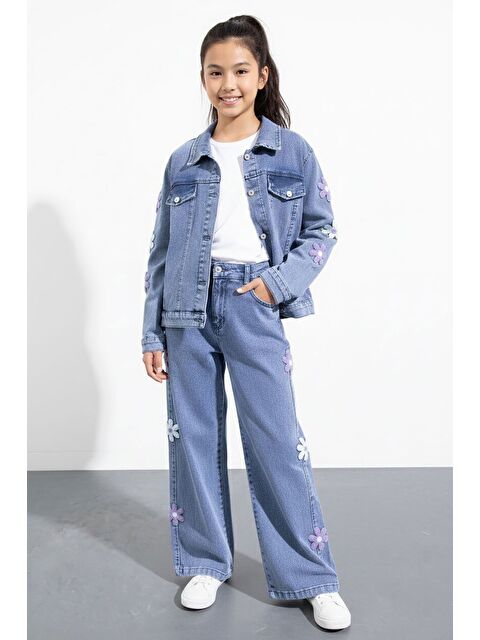Cansın Mini Mavi Çiçek Desenli Düğmeli Ceketli Pantolonlu Kız Çocuk Jean Takım 23485 - S000492882-17234