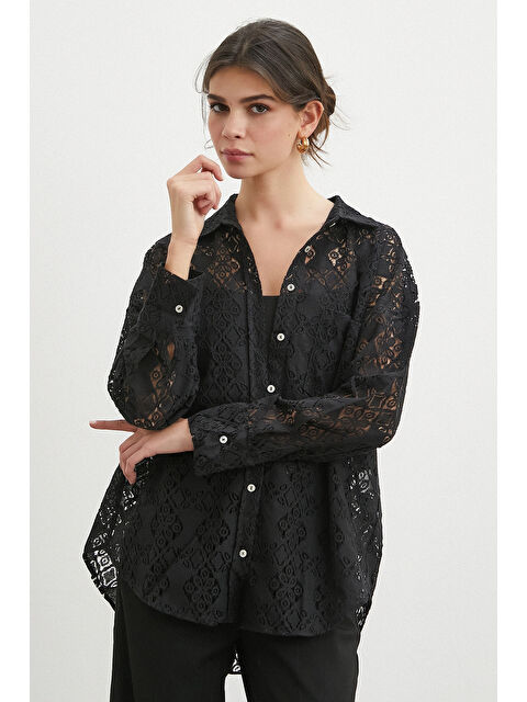 Never More Cepli Dantel Gömlek Siyah - S000508223-19351