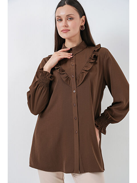 Bigdart Kadın Fırfırlı Uzun Gömlek Tunik 5986 - Kahverengi - S000510755-19413