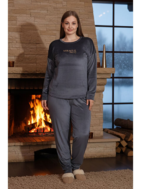 Remsa Büyük Beden Kadın Kadife Pijama Takımı 25391 Antrasit - S000464586-29666