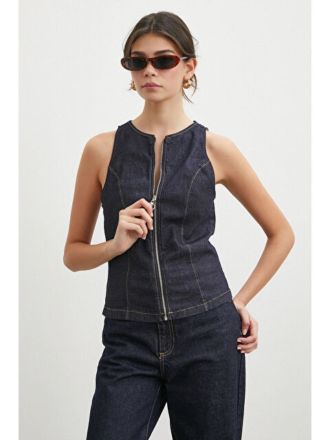 Never More Fermuarlı Jean Yelek Lacivert - S000508224-21164