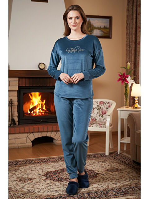 Remsa Kadın Kadife Baskılı Pijama Takımı 25380 Petrol - S000464586-20019