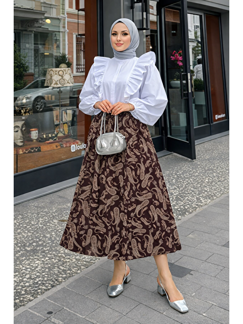 Comstar Kadın Desenli Trend Kahve Uzun Tül Tesettür Etek