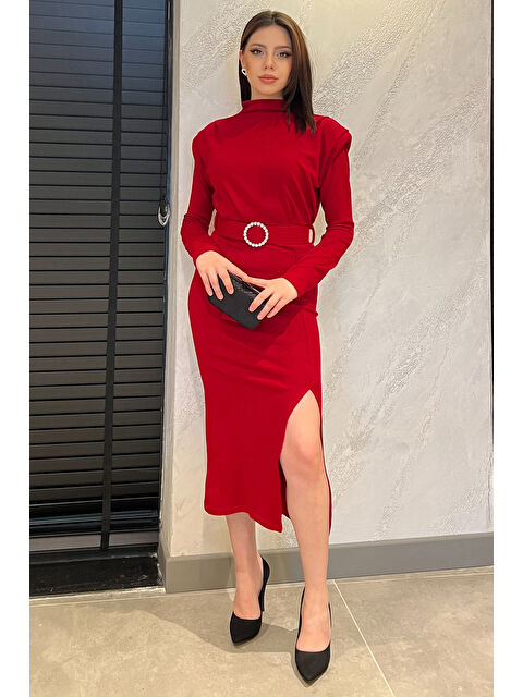 Gülseli Kadın Omuz Vatkalı Taşlı Kemerli Yırtmaçlı Triko Elbise - S000326503-20045