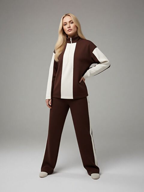 Trendseninle Kadın Kahverengi Yarım Fermuarlı Premium Kumaş Eşofman Takımı - S000497990-19413