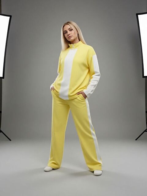 Trendseninle Kadın Sarı Yarım Fermuarlı Premium Kumaş Eşofman Takımı - S000497990-20072