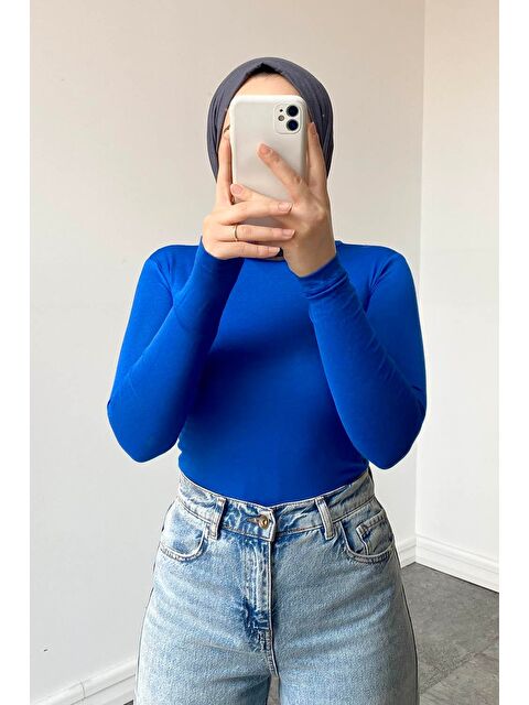 Lamelif Yarım Balıkçı Yaka Düz Renk Body Saks Mavisi - S000529849-23710