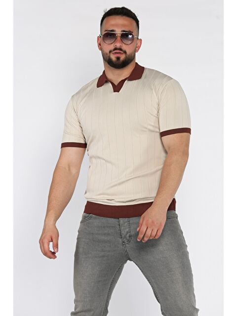 Mishar İtalia Erkek Polo Yaka Kendinden Çizgi Desenli Renk Garnili Triko Tişört - S000399491-5479