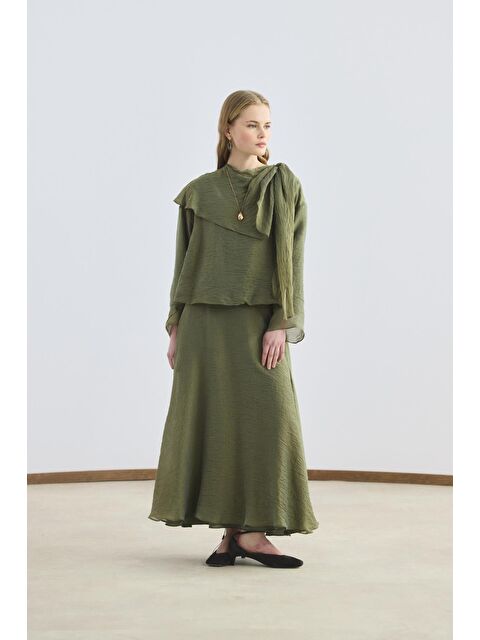 Kadriye Baştürk Şal Yaka Gömlek Etek Takım Zeytin - S000510809-17346